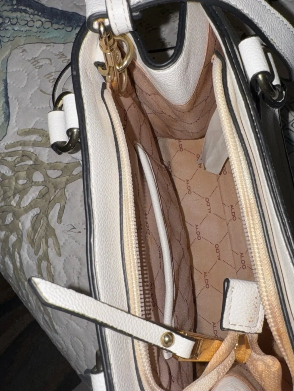Aldo White Satchel with Black Trim and Gold Hardware